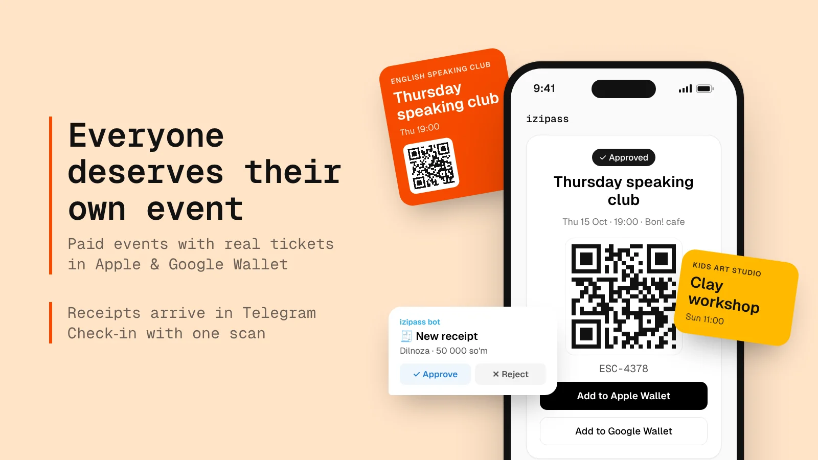 izipass.myrzan.com: an approved event ticket on a phone, a Telegram receipt to approve and Wallet passes around it