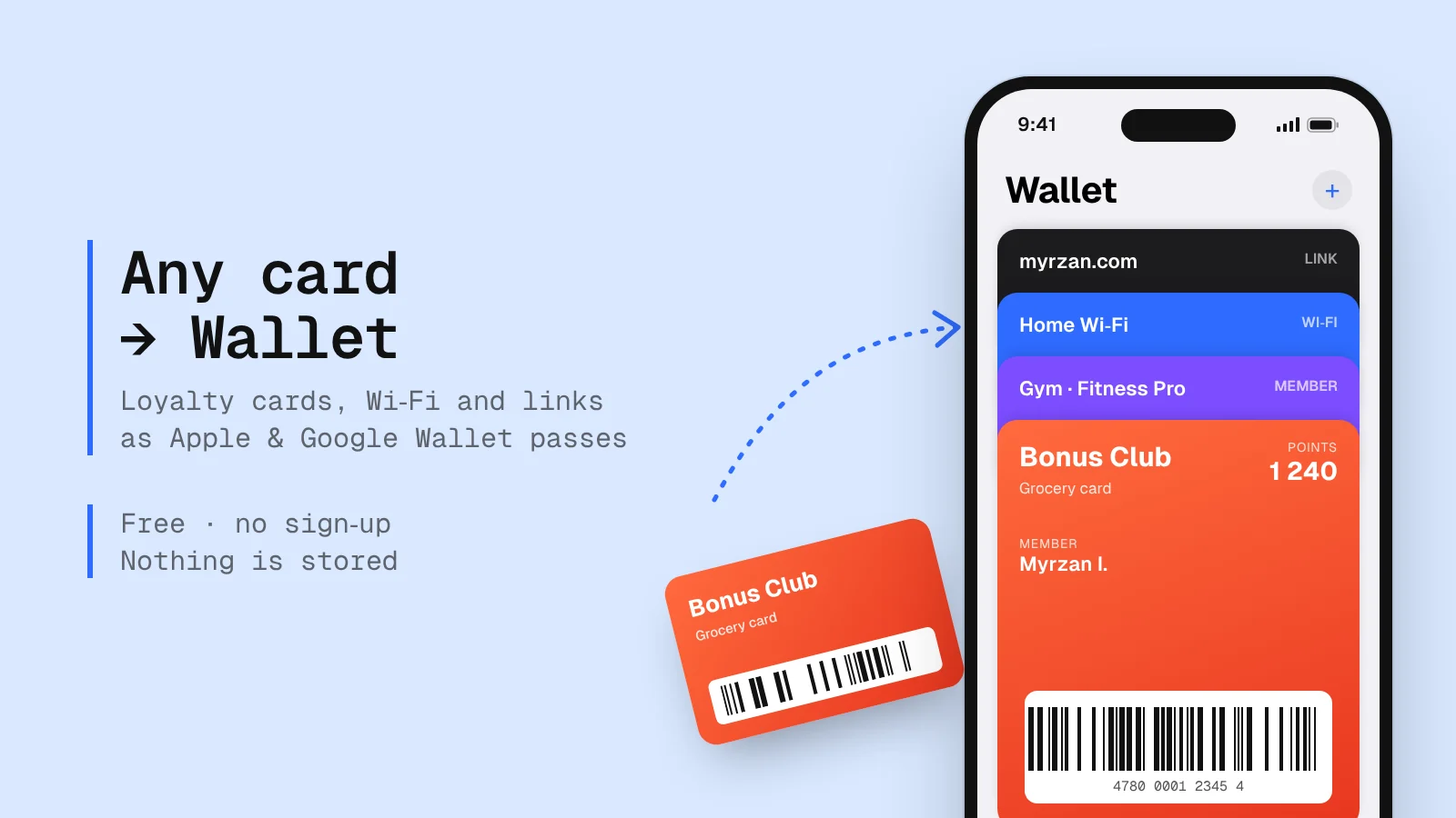 wallet.myrzan.com: a plastic loyalty card flying into a phone’s Wallet, next to Wi-Fi and link passes